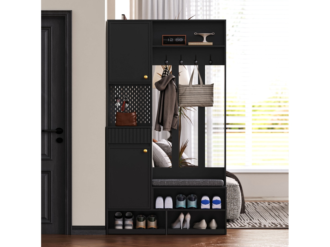 Conjunto De Guardarropa 100x180x35 Cm - Con Banco, 4 Ganchos, Puertas Y Cajones - Negro