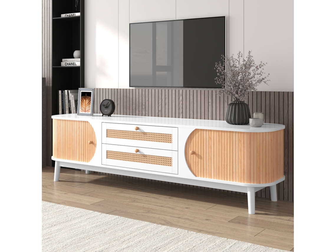 Estantería De Ratán, Madera Natural, Puertas Y Cajones, Estilo Rústico.
