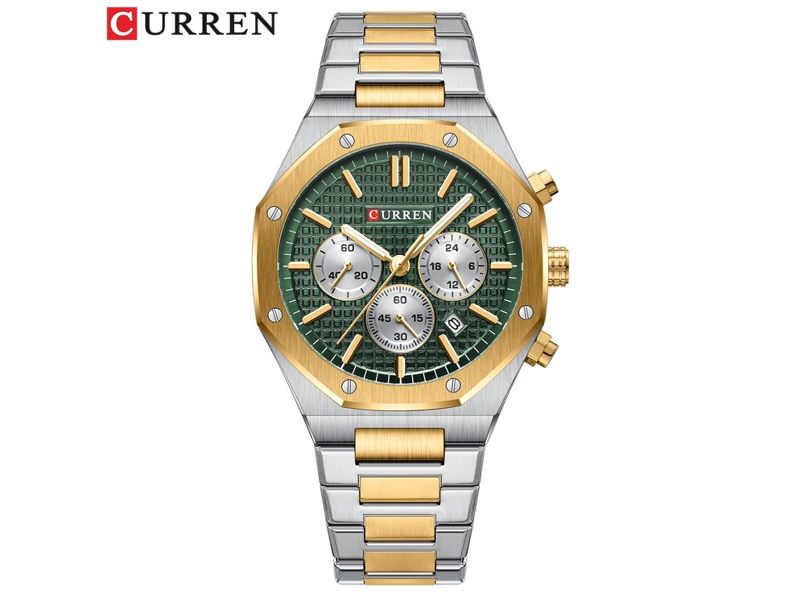 Relógio Masculino De Quartzo Redondo Com Seis Ponteiros (verde Dourado), Calendário E Resistência À Água.