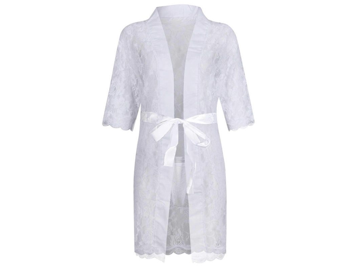 Bata De Seda Transparente De Encaje Floral Para Hombre Con Cinturón Y Tanga Manga Corta Xxl Blanco Xxl Blanco