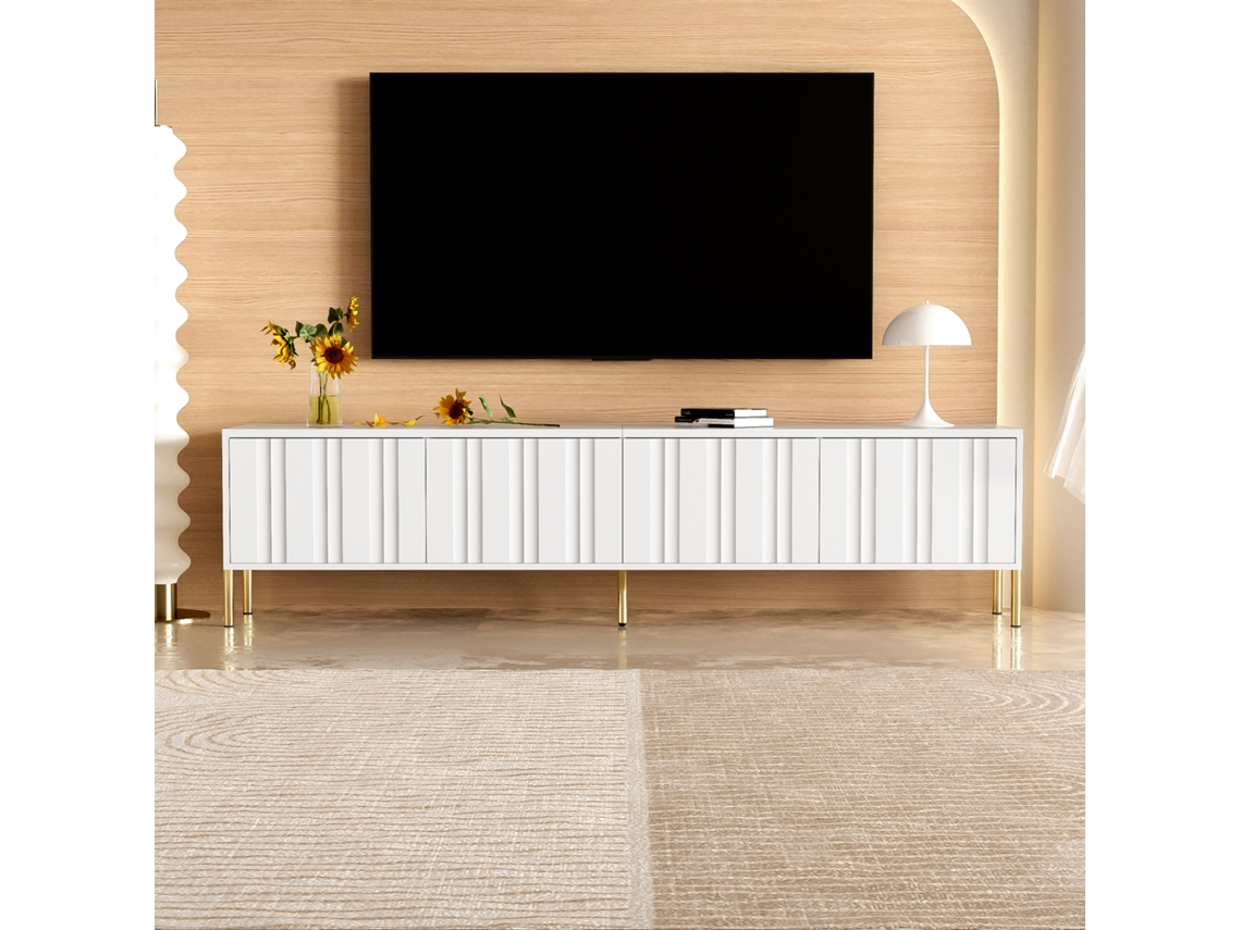 Mueble Para Tv, 190x38x48 Cm, Patas Doradas, Puertas Ranuradas, Gran Almacenamiento, Soporta 60 Kg, Blanco