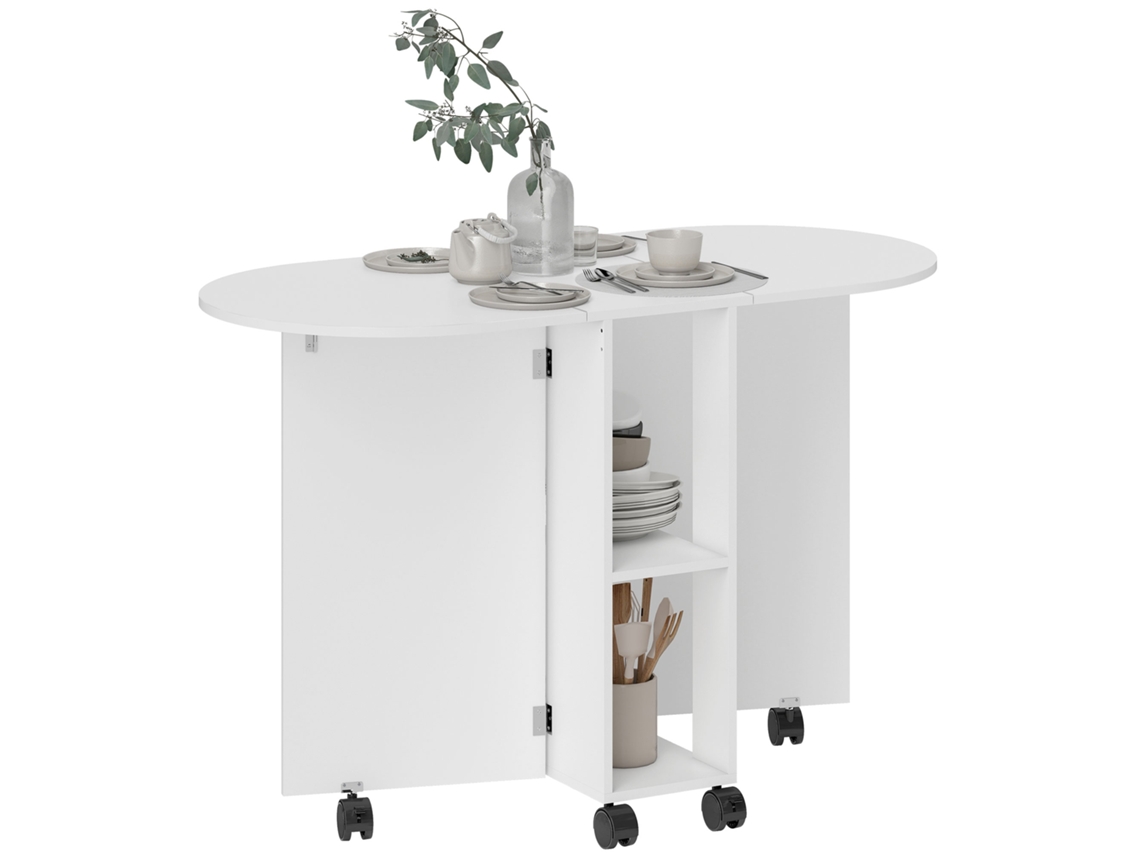 Mesa de comedor plegable con ruedas, 2 extensiones, 2 estantes, 120x60x77 cm, blanca.