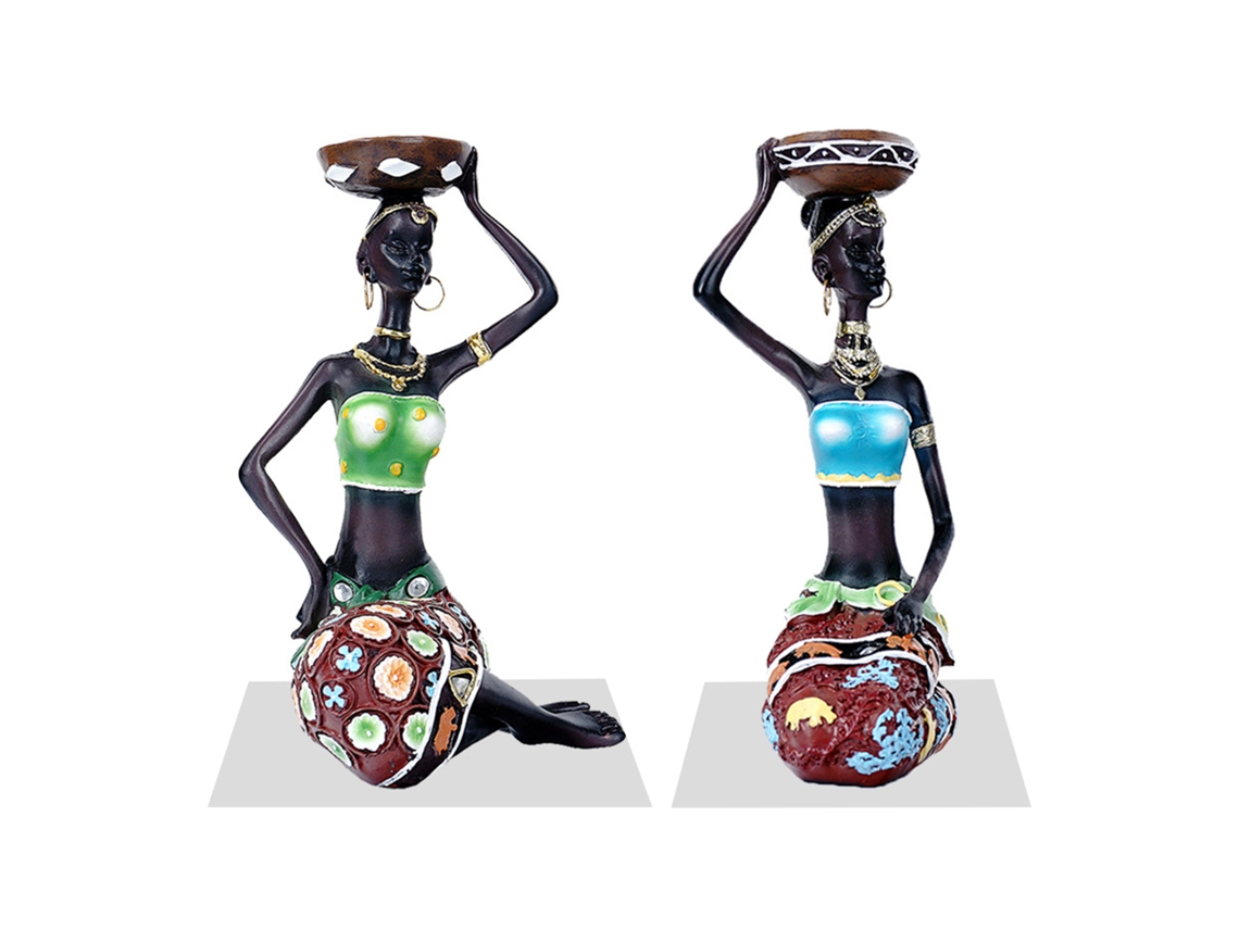 Candelabros vintage de resina con estatuas de mujeres africanas (2 piezas)