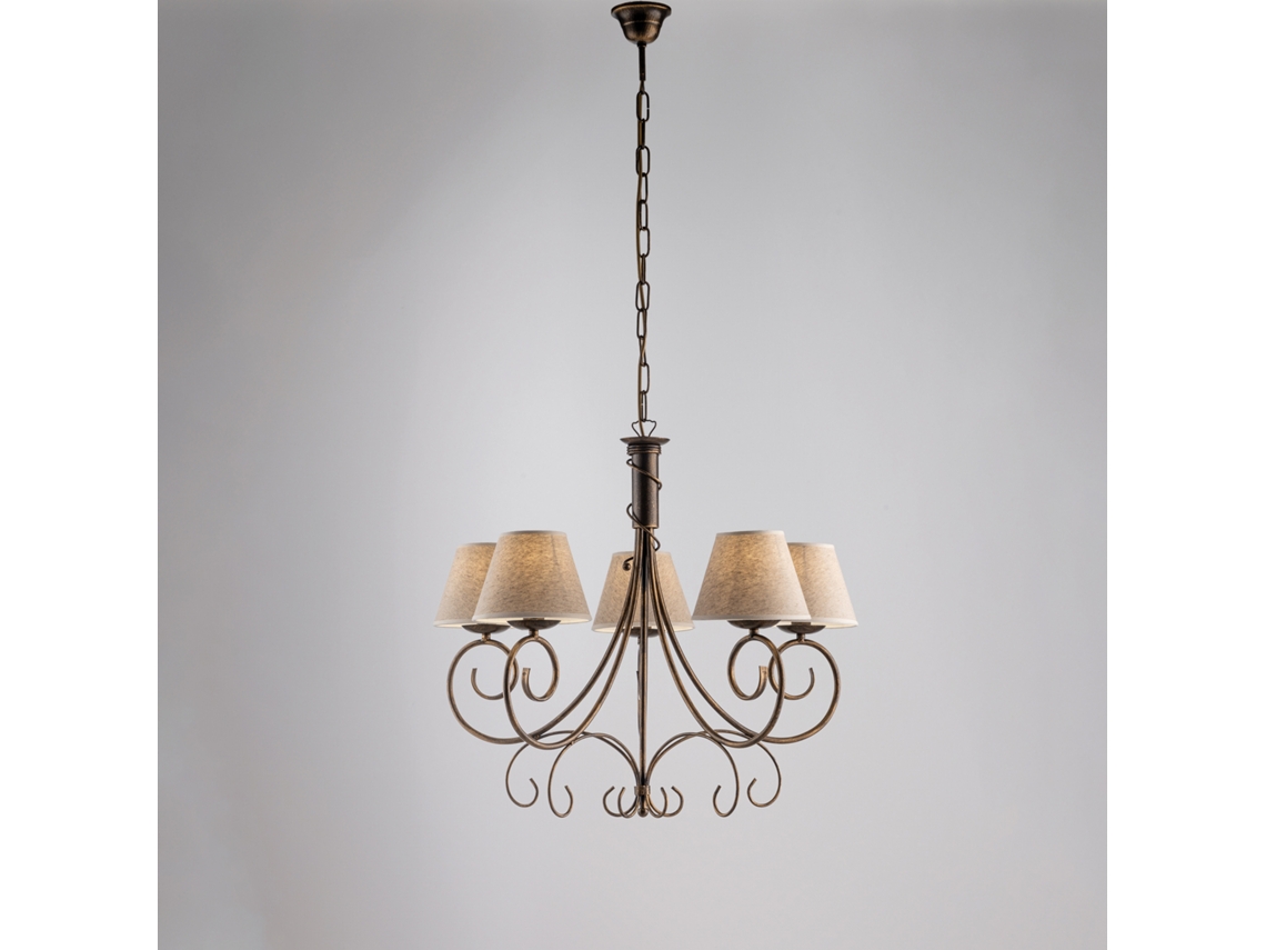Lámpara de araña Viena de hierro marrón con pantallas decorativas doradas antiguas y D. 13 en tejido de yute efecto PVC, 5 luces, 118 Ø60 Belight
