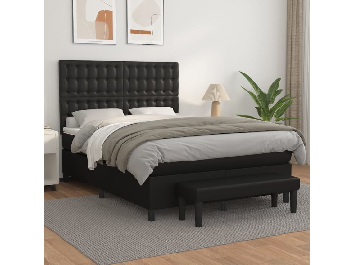 Cama Box Spring Con Colchón Cuero Sintético Negro 140x200cm