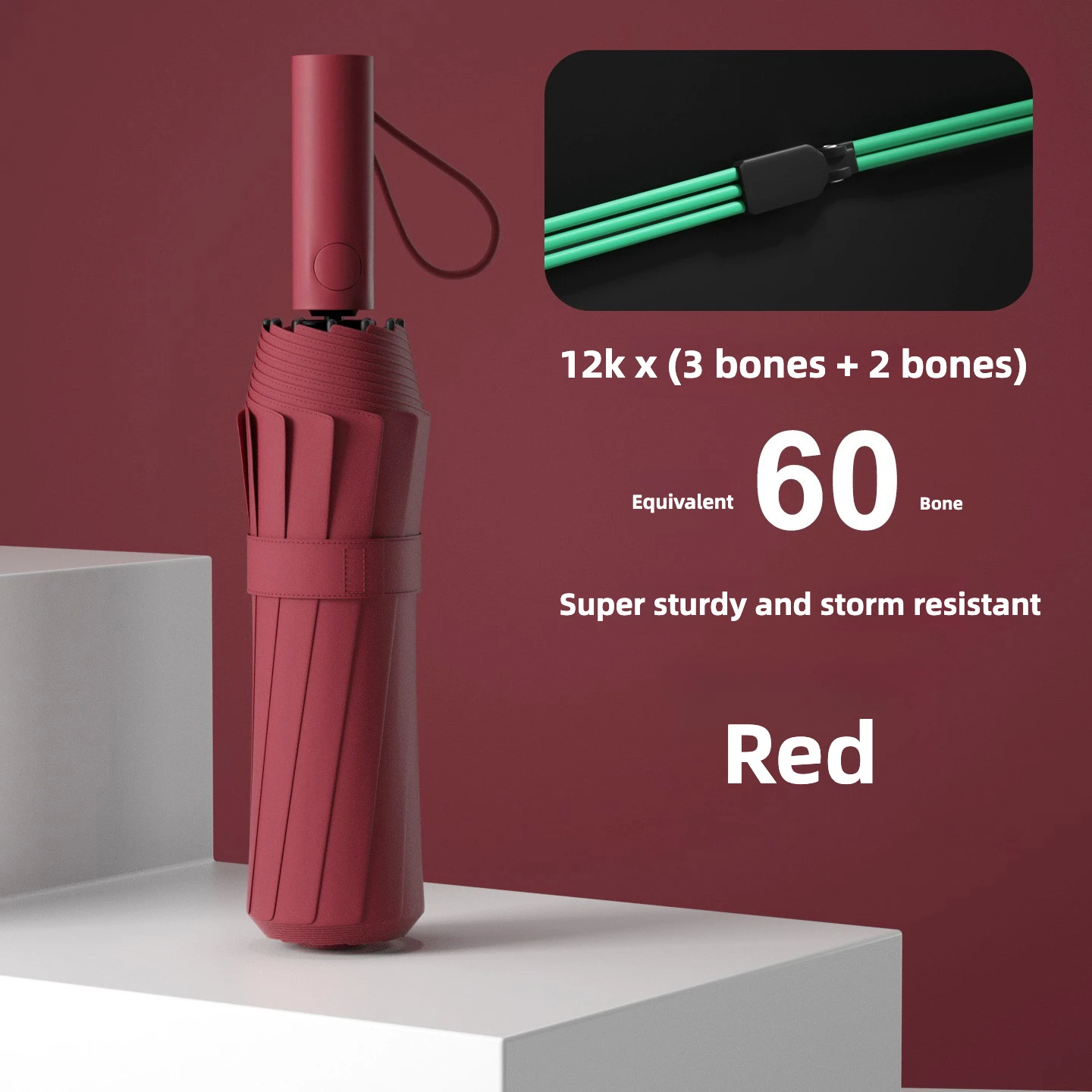 (rojo 12k) Paraguas Automático Plegable Resistente Al Viento, Protección Solar Upf50+ Y Protección Uv.