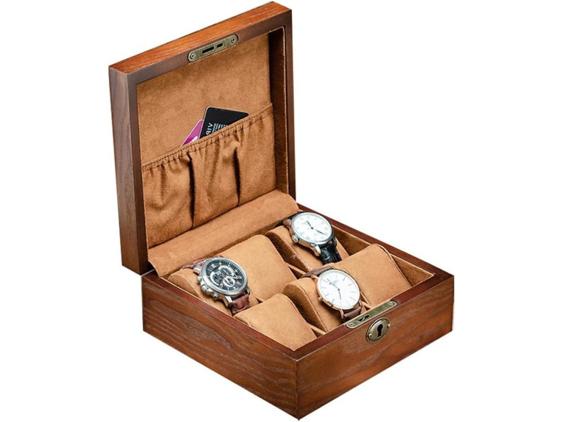 Caja De Almacenamiento Para Relojes De Color Marrón Con 6 Compartimentos Y Cerradura, Estuche Cuadrado De Plástico.