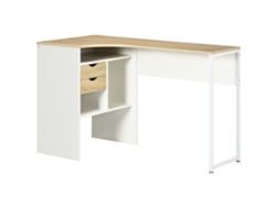 Escritorio Esquinero En L 120x60 Cm Con 2 Cajones Y 3 Compartimentos Abiertos, Mesa Para Ordenador, Roble Claro