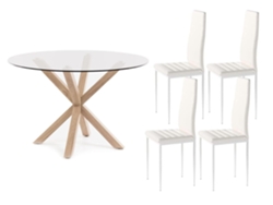 Pack Mesa Redonda de Cristal Templado 4 Sillas polipiel/metal Blanco 120x75 cm SALDOSYSTOCKS