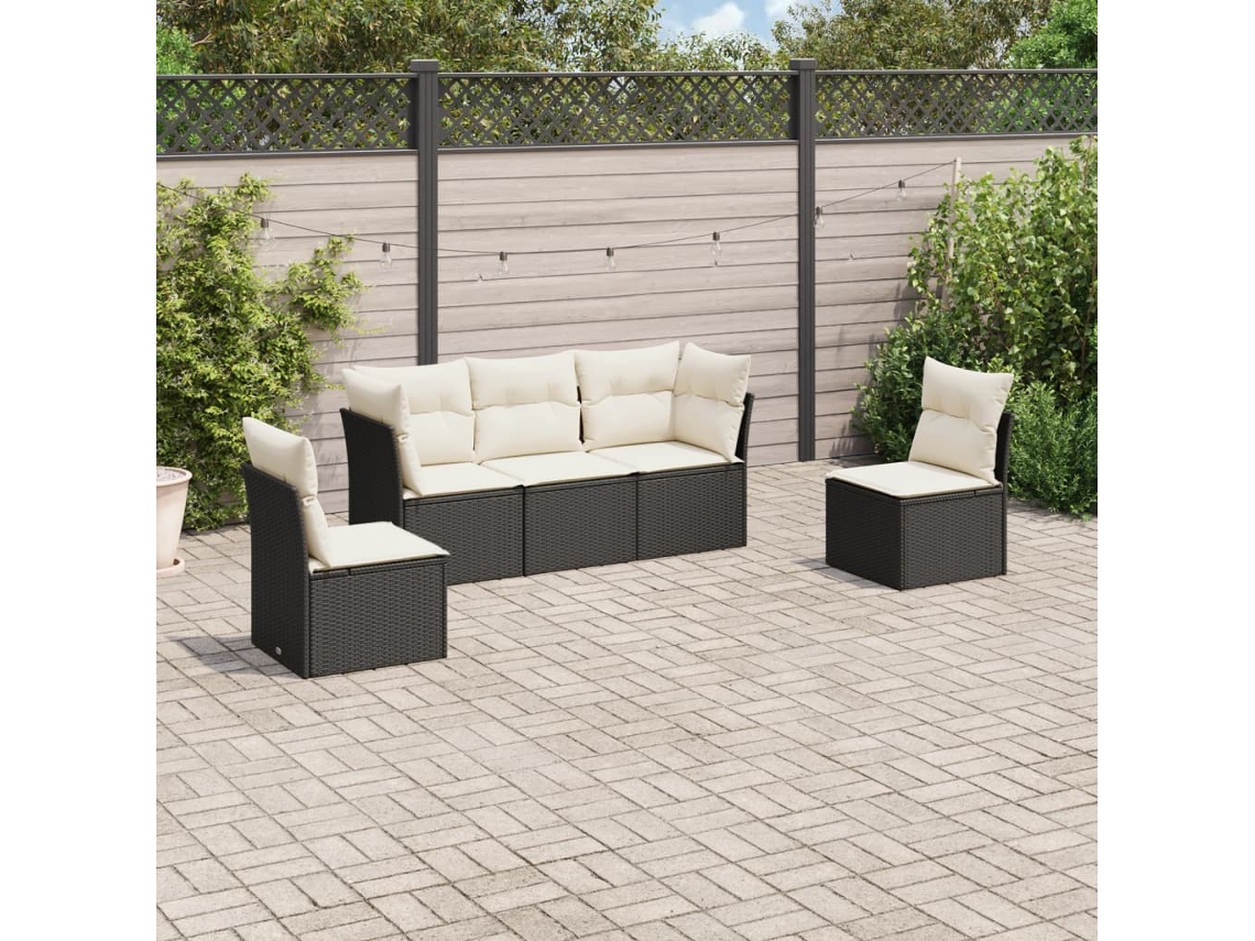 Conjunto de sofá de jardín de 5 piezas con cojines de mimbre sintético negro, Dkd Home Decor