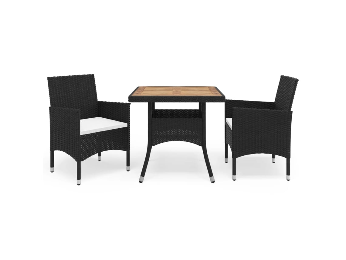 Juego de comedor de jardín de 3 piezas en mimbre y madera de acacia, negro, DKD Home Decor