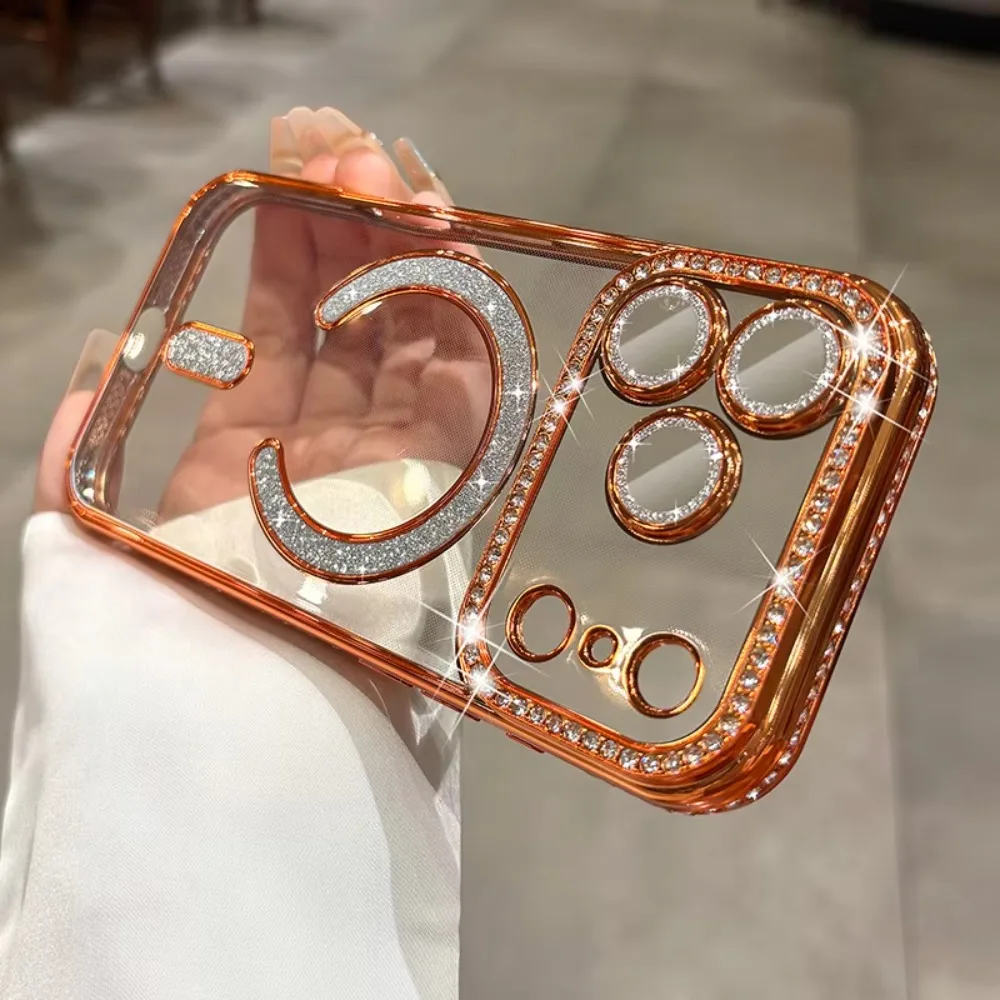 (iphone17 Pro, Naranja) Funda De Succión Magnética Para Iphone, Funda Transparente Suave Flash Diamond, Funda Protectora De Cámara Completa