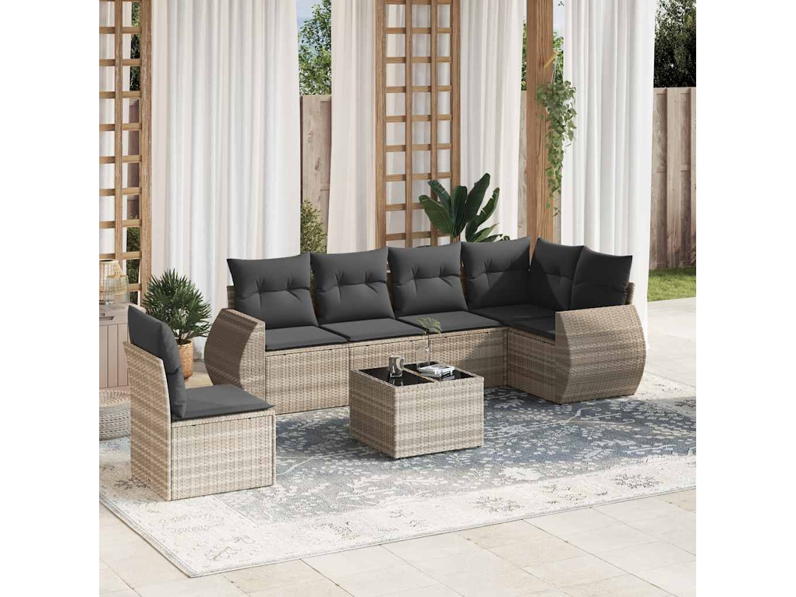Conjunto 7 Piezas Sofás De Jardin Com Almofadões Vime Pe Cinzento Claro Dkd Home Decor