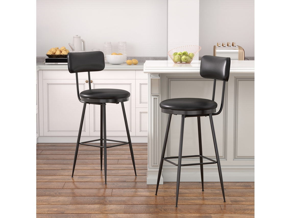 Conjunto De 2 Taburetes De Bar Altos Simurq, Pu Negro Y Estructura De Metal, 85,5 Cm, Ergonómicos, Para Cocina E Isla