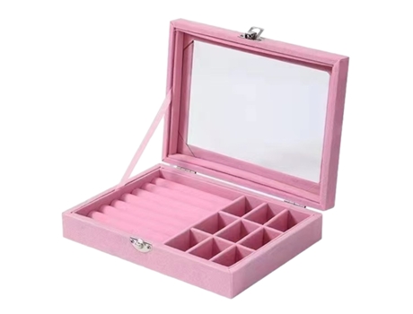 Caja de joyería 2 en 1 soporte organizador de anillos vitrina apilable bandeja de almacenamiento de joyas con cerradura 20x15x5cm rosa ZMDECQNA