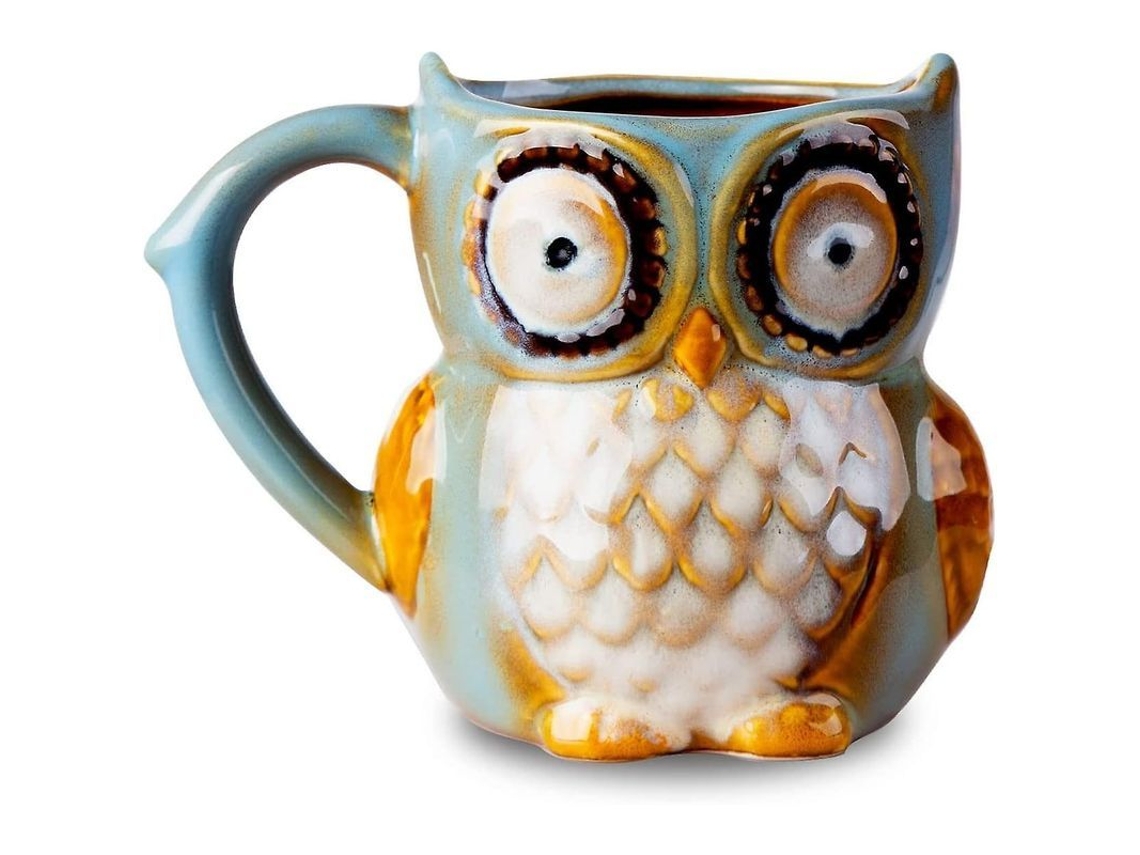 Taza De Cerámica Color Cian Con Un Bonito Diseño De Búho Para Café Y Té, Borde Bajo, Apta Para Microondas.
