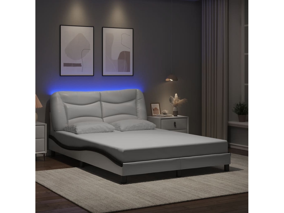 Estructura Cama Con Led Cuero Sintético Blanco Negro 140x200 Cm