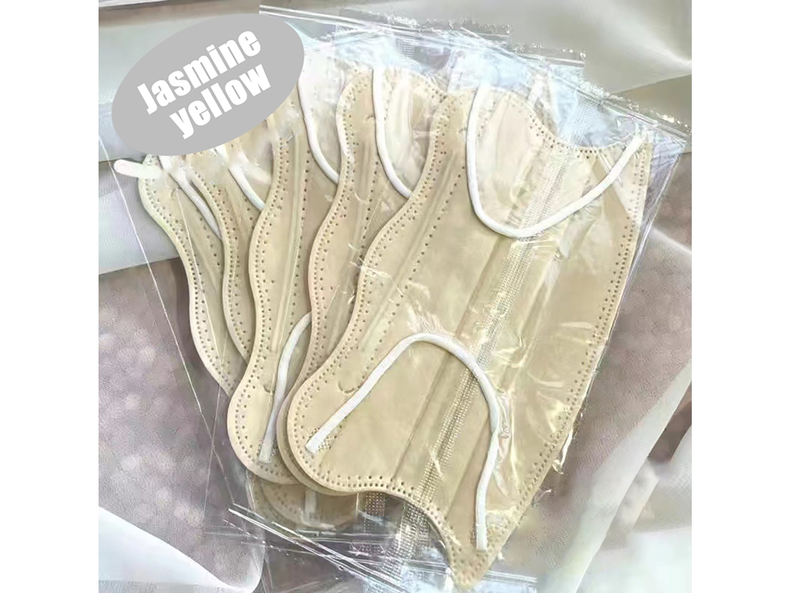 50 protectores bucales desechables en forma de V, envasados individualmente, con diseño de mariposa ondulada.