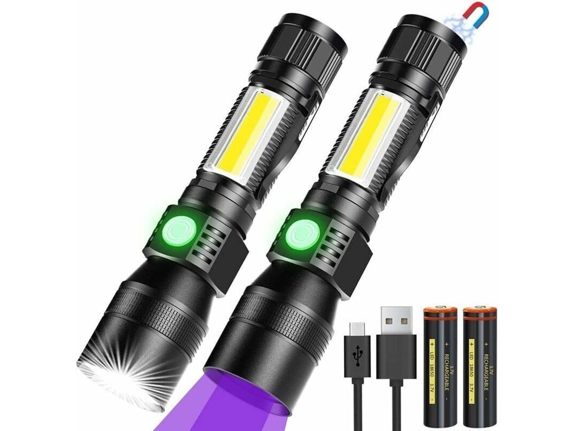 Linterna LED UV recargable 3 en 1, linterna de trabajo COB con zoom magnético, resistente al agua.