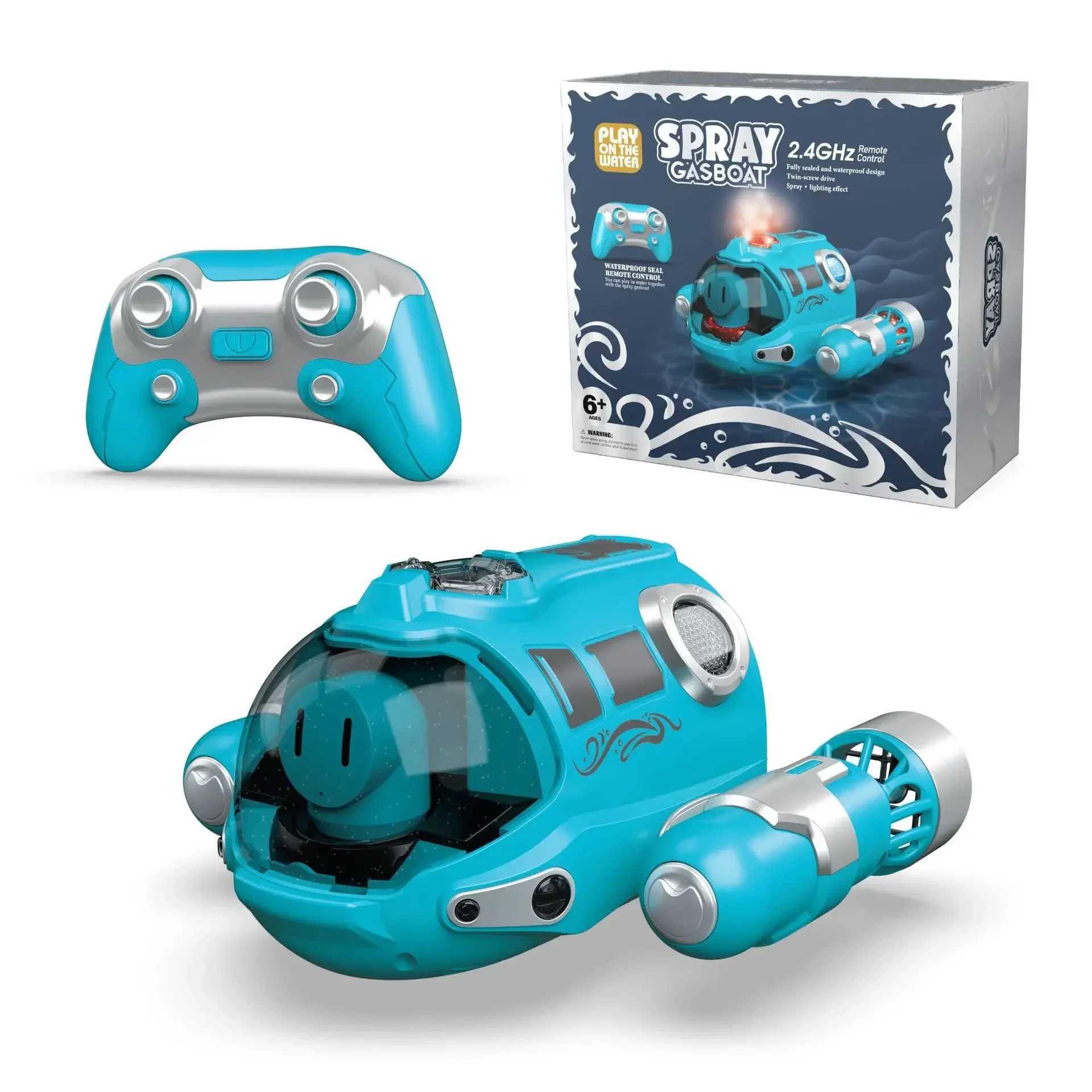 (azul) Barco Teledirigido Que Rocía Agua, Apto Para Piscinas Y Bañeras, Control Remoto Por Radio 2.4g, Con Luces.