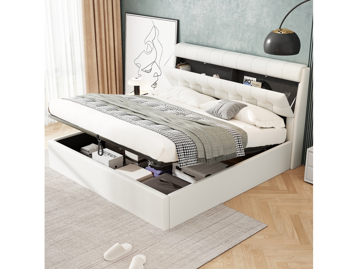 Cama De Almacenamiento Hidráulica De 140x200 Con Espuma De Poliuretano Blanca, Colchón No Incluido.