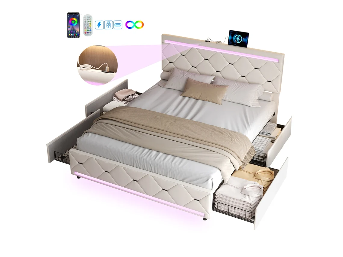 Cama Tapizada Con Iluminación Led, Cama Doble (con Puerto De Carga Usb Y 4 Cajones), 160x200cm, Cama Con Canapé Abatible, Terciopelo.