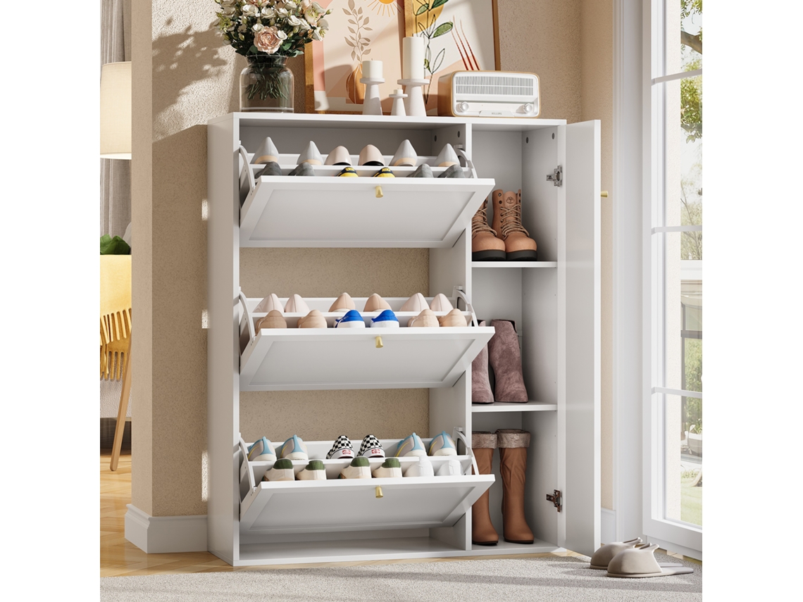Zapatero Stretch 90x25x114 cm - 3 puertas y 1 compartimento, con separadores ajustables - Blanco
