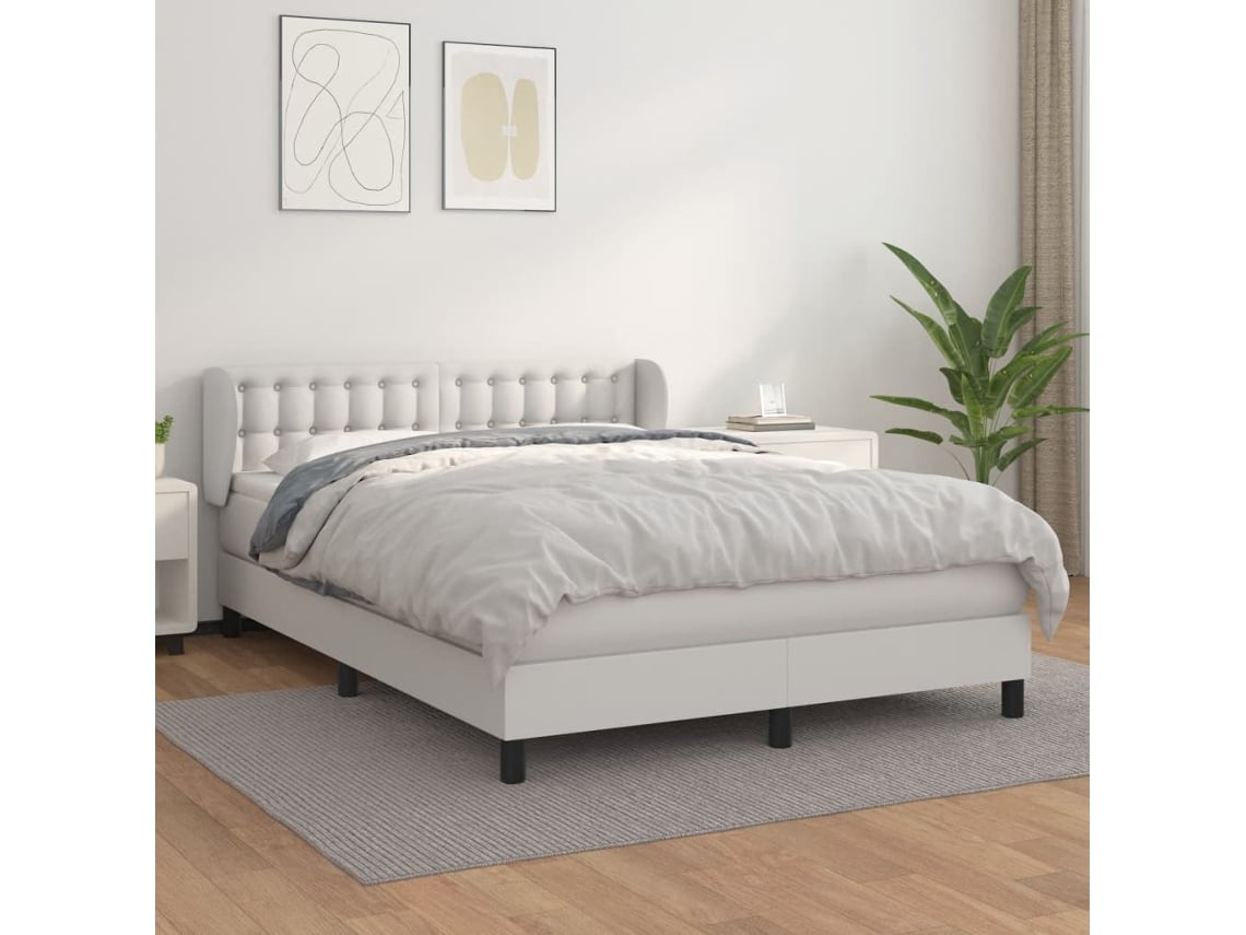 Cama Box Spring Con Colchón Cuero Sintético Blanco 140x200cm