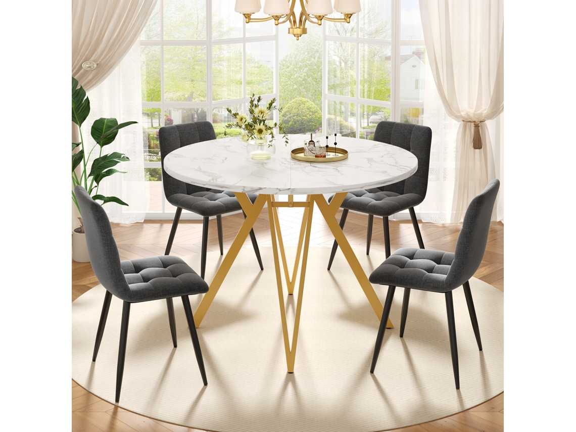 Conjunto Mesa Y Sillas 5 Piezas - Mesa Redonda 100 Cm, Patas Metálicas Doradas, Silla Gris