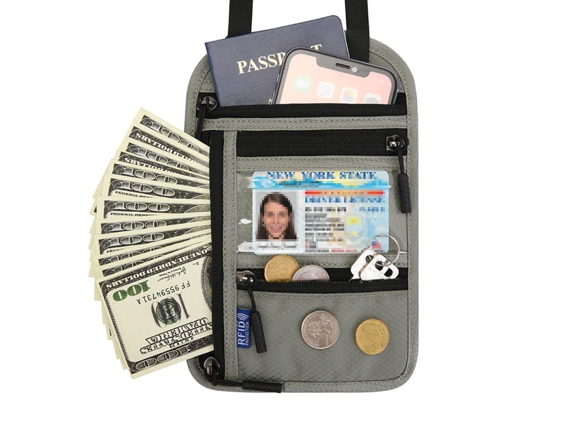 Portapasaporte De Cuello Antirrobo - Bolsa De Viaje Y Tarjetas En Nylon - Gris Claro