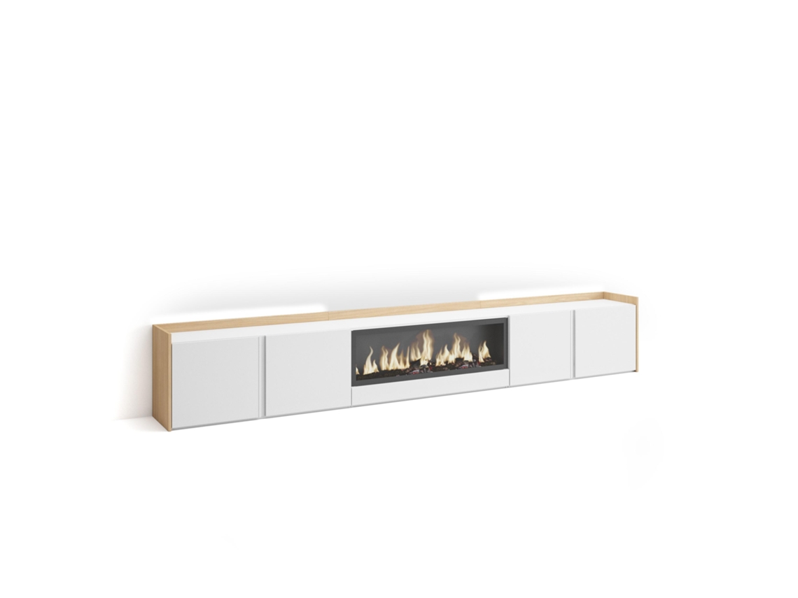 Mueble Tv, Televisión, 315x35x50cm, Para Tv Hasta 80", Chimenea Eléctrica Xxl, Led, Blanco Y Roble Soft
