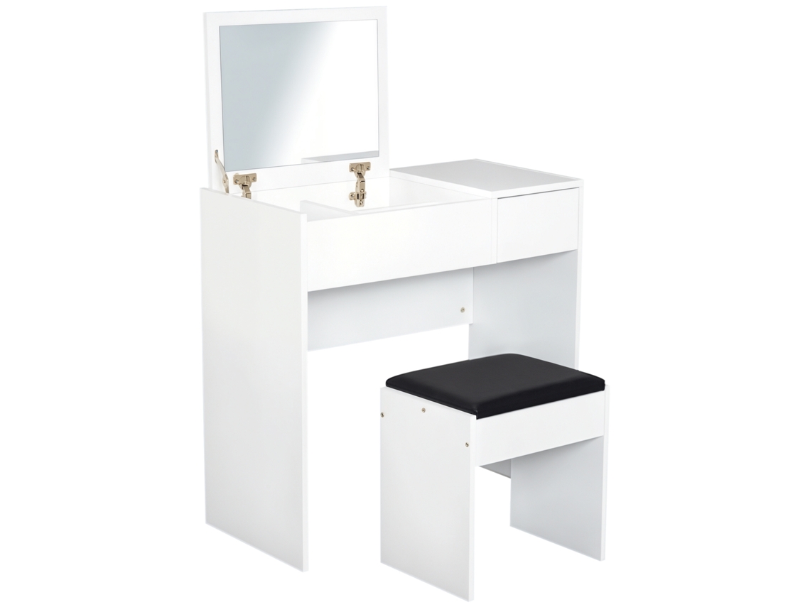 Tocador Con Taburete Y Espejo, 80x40x79cm, Blanco.