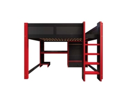 Cama alta de 140x200 cm con LED, cama gaming con escritorio, armario y amplios cajones - Negro + Rojo