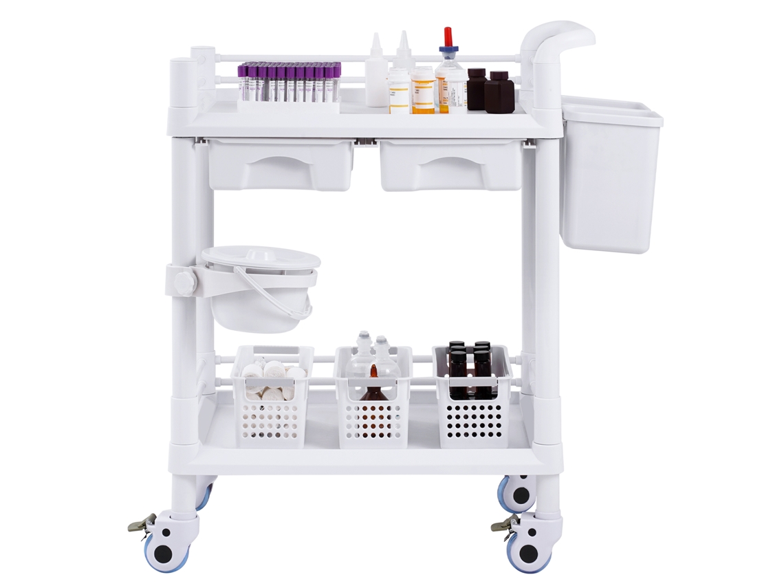 Carros De Laboratorio Succebuy De 2 Niveles Carro Médico Móvil 2 Bandejas 2 Cajones 3 Botes De Basura Blanco