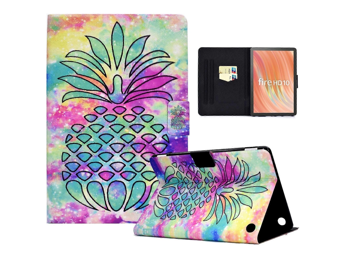 Funda A2 para tableta Amazon Fire HD 10 con estampado de piel sintética y ranuras para tarjetas, diseño de piñas coloridas (2023)