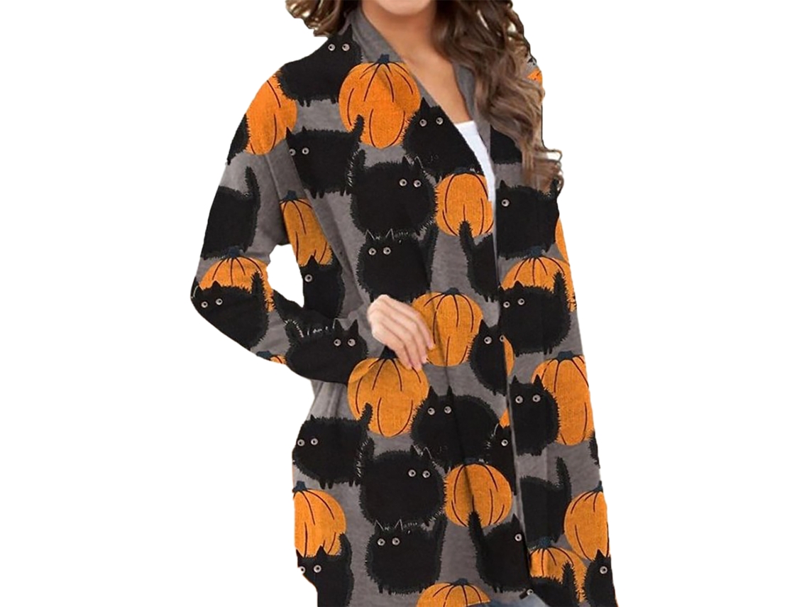 Casaco Rebe feminino com estampa de Halloween, manga comprida, frente aberta, modelagem solta, cor cinza, estampa Abóbora e Gato, tamanho GG