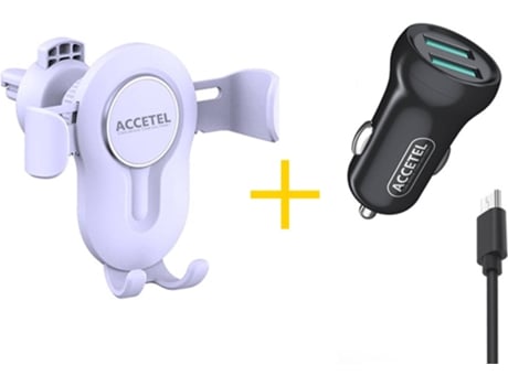 Kit Cargador Coche, Cable Micro USB y Soporte Móvil ACCETEL CC265 SP-118 (Negro y Blanco)