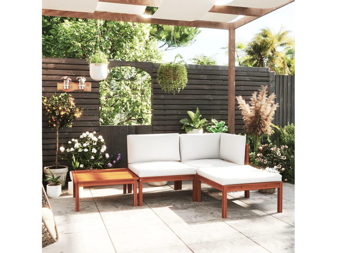 Conjunto de jardín de 4 piezas con cojines, acacia maciza y crema, DKD Home Decor