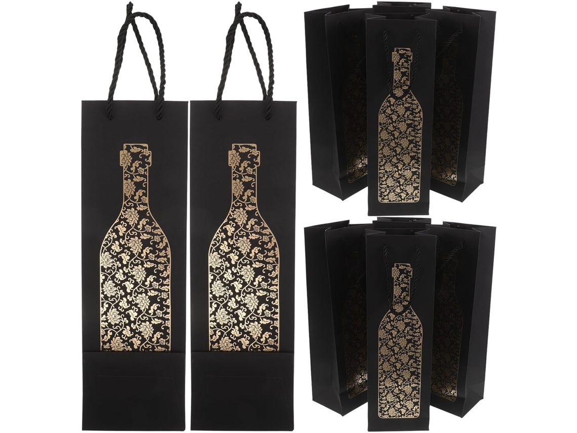 Paquete De 10 Unidades De Fundas Individuales De Papel Negro Para Botellas De Vino Con Diseño Dorado.