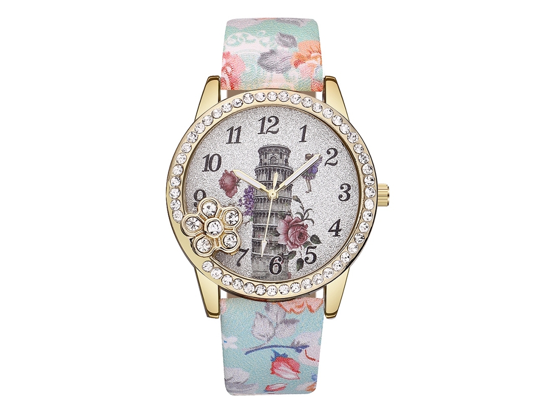 Reloj De Mujer Vansvar Con Diseño Floral, Pedrería, Correa De Piel Sintética Y Movimiento De Cuarzo Verde.