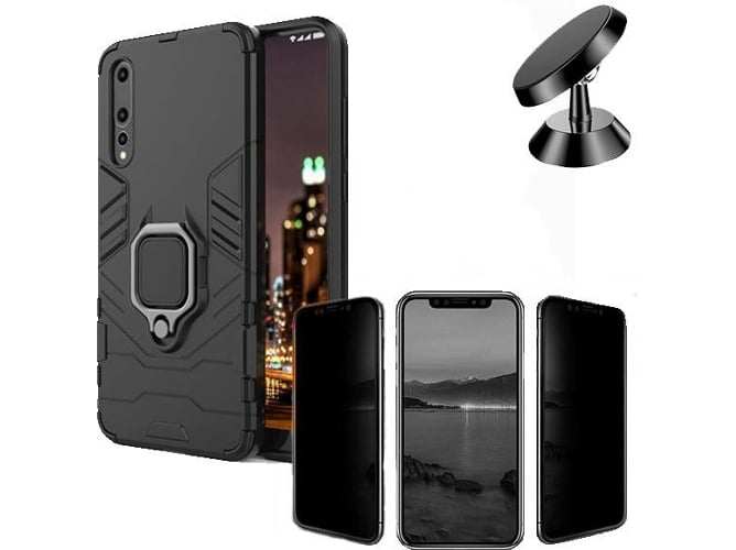 Kit Carcasa, Protector Privacy y Soporte Magnetico Huawei P20 Pro Military Defender Negro
