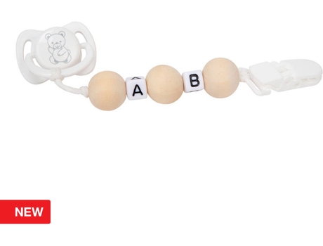 Accesorios de Muñecas ARIAS Set Chupete Blanco c/ Cadena Bolas Madera y Pinza (3 Años - 9 x 9 x 5,5 cm)