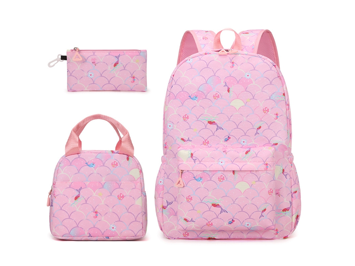 Mochila escolar de tres piezas para niñas, color sirena, rosa