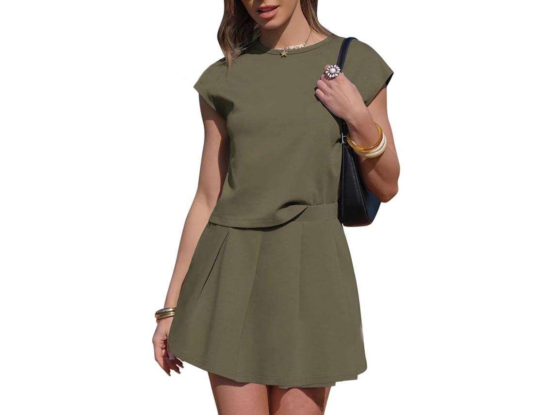 Conjunto de dos piezas para mujer, falda de tenis, estilo casual de algodón, mangas tipo capa, blusa plisada, falda plisada.