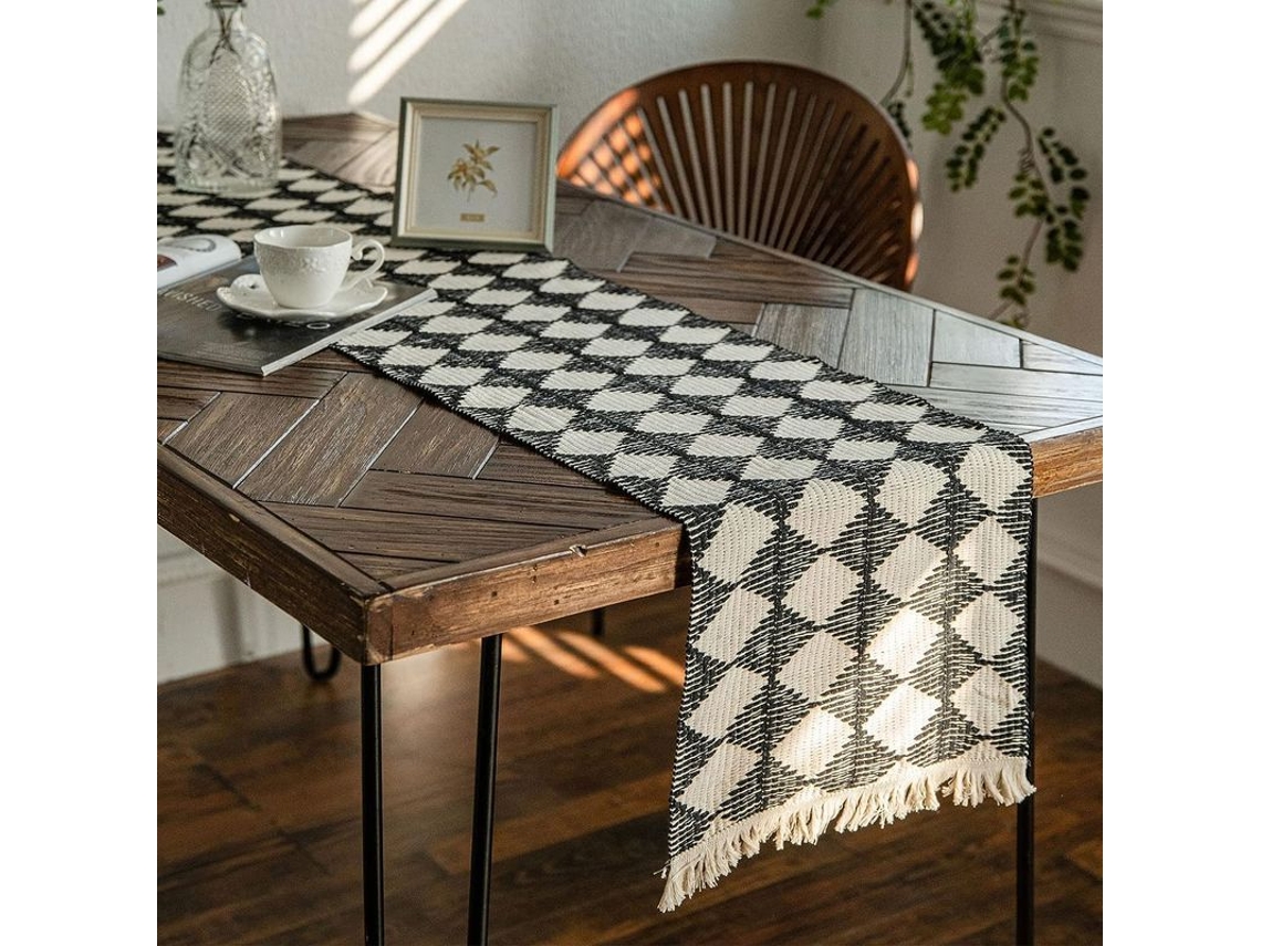 Camino De Mesa Estilo Bohemio Con Flecos, 35x180 Cm, Decorativo Para Mesa (cuadros Blancos Y Negros)