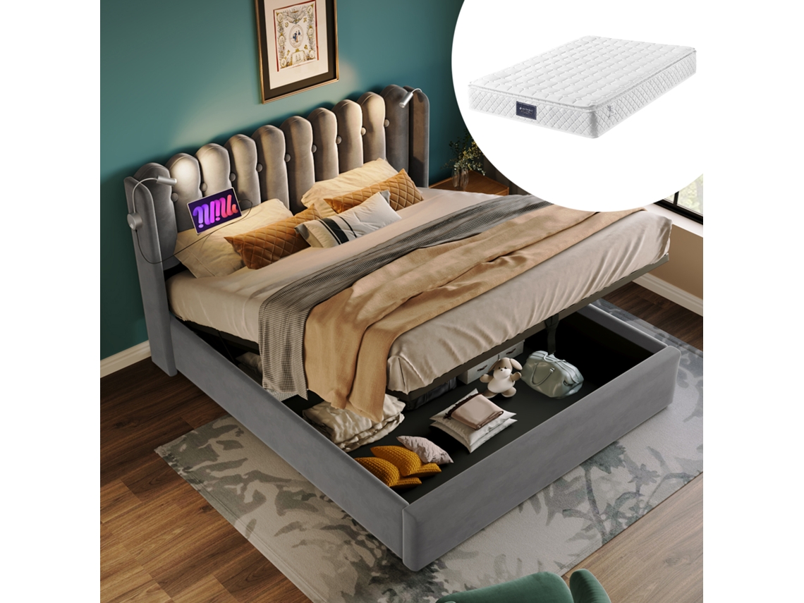 Cama De Terciopelo Gris De 160x200 Cm Con Cabecero, Iluminación Y Espacio De Almacenamiento, Colchón Incluido.