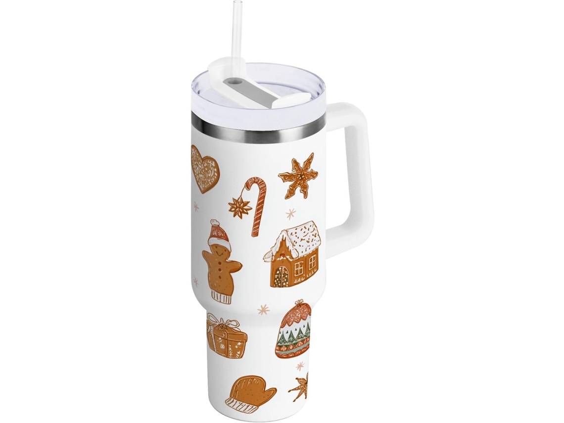 Taza térmica navideña con tapa y pajita, botella de agua de acero inoxidable con asa, sin marca.