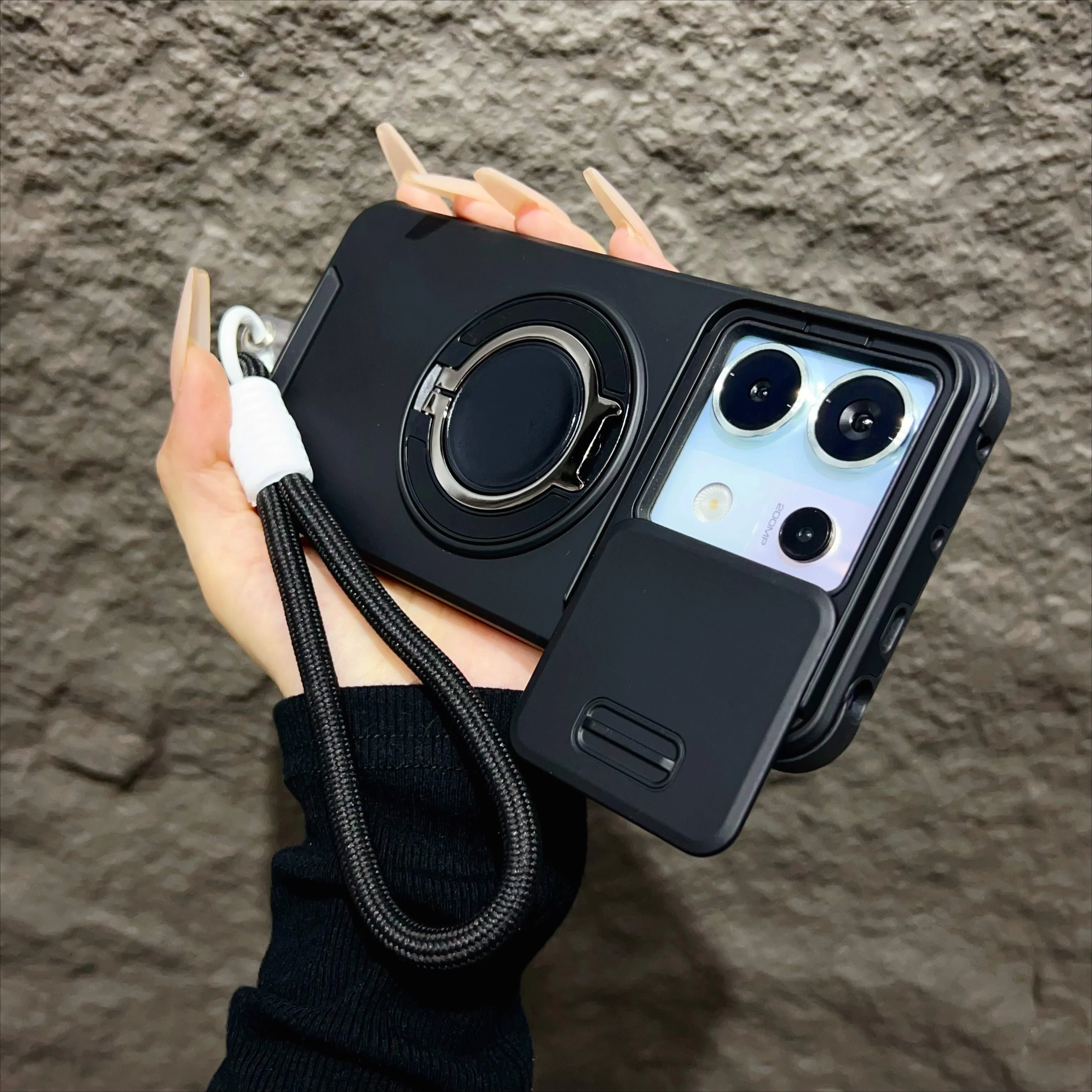 (negro, Redmi Note 14 Pro) Funda Protectora Para Soporte Giratorio 360° Con Aro Magnético De Succión. Protección Antichoque