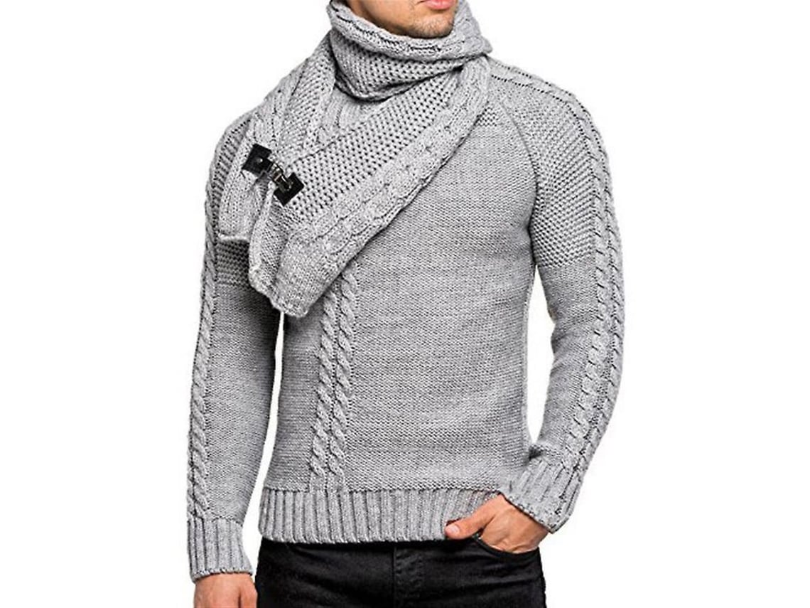 2026-suéter Hombre Manga Larga Tejido Solido Con Bufanda Desmontable Casual Jumper Pullover