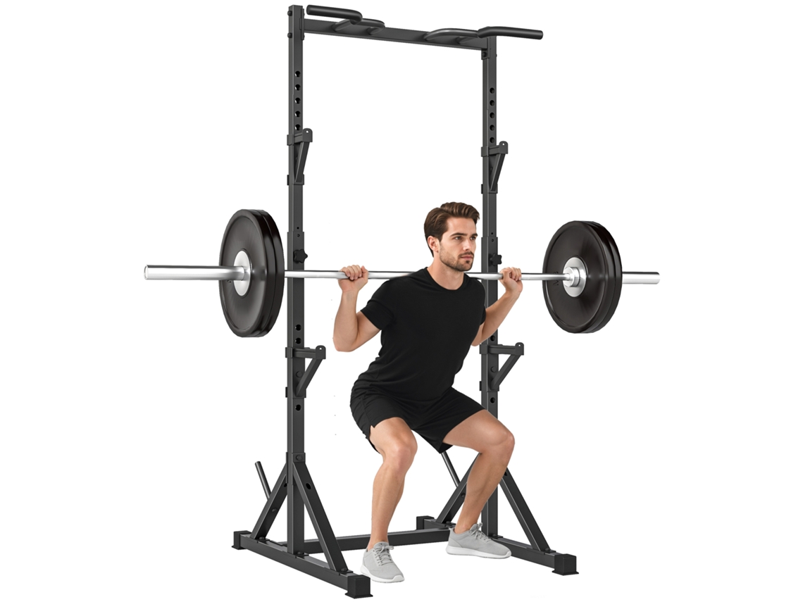 Soporte ajustable para sentadillas, soporte doble, soporte para discos, barra de dominadas de acero, 112-217 cm, negro